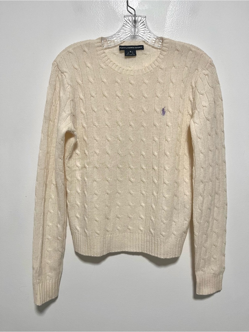 Vintage Ralph Lauren 100% Lambs Wool Cream Cable Knit Crew Sweater Preppy M
